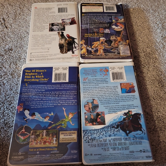 4 Disney VHS Childrens Animated Aristocats Mulan Peter Pan Non Animated 102 Dal - Picture 2 of 6